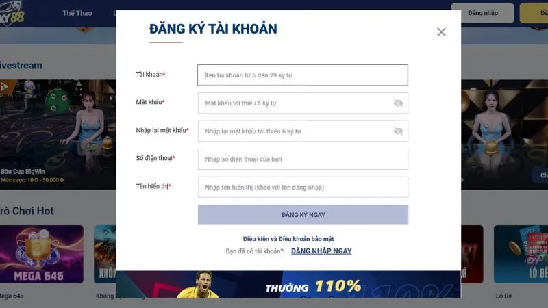 Các bước cần thực hiện để có tài khoản Sky88